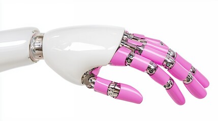 Pink and White Robotic Hand with Metallic Accents on White Background