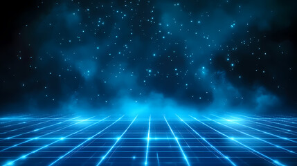 Blue Grid with Glowing Stars and Night Sky