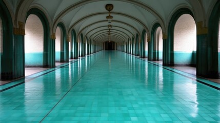 Empty teal hallway, arched colonnades, reflective floor