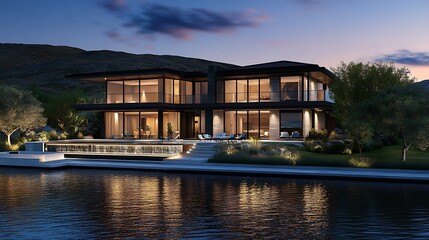 Obraz premium Luxury Lakefront Residence at Dusk: Modern Architectural Design
