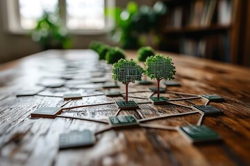 Naklejka premium Artificial trees connected by a network on a wooden surface