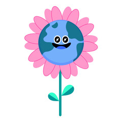 Cute cartoon flower with a smiling Earth face, symbolizing sustainability and eco-friendly living.