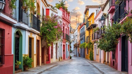 Fototapeta premium Vibrant Spanish Street Scene: Colorful Buildings and Charming Cobblestone Lane