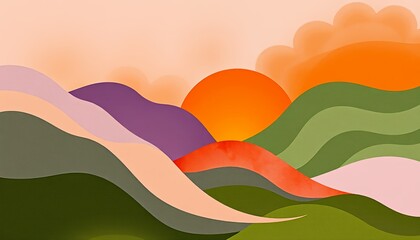 Sunset Mountains Abstract Landscape Warm Hues Paper Cut Style