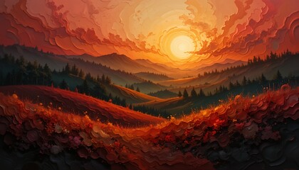 Sunset Mountain Landscape Warm Hues Impasto Style Rolling Hills