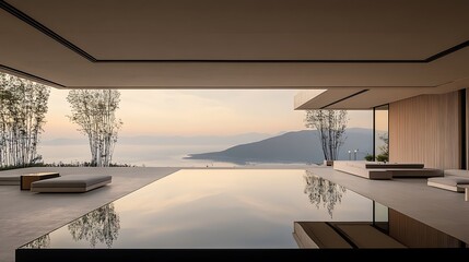 Tranquil Infinity Pool Overlooking Serene Mountain Lake at Dawn