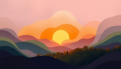 Layered Mountain Sunset Landscape Vivid Colors Simple Style