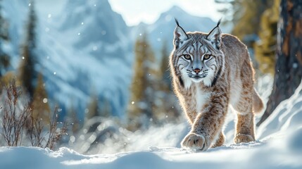 Obraz premium A majestic lynx strides through a snowy landscape, its piercing gaze captivating. The soft light and serene setting create a breathtaking winter scene.