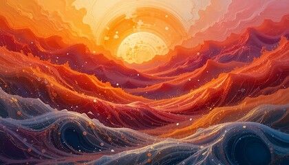 Fiery Sunset Ocean Waves Abstract Painting Warm Hues Digital Art