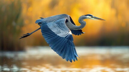 Majestic great blue heron in flight, wings spread wide against a warm, blurred autumn background.  A stunning display of nature's beauty.