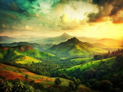 Karnataka Western Ghats Lush Green Landscape Vintage Photography - Scenic Hills, Rainforest, India