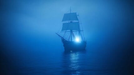 Fototapeta premium Enigmatic Sailing Ship in a Misty Blue Sea