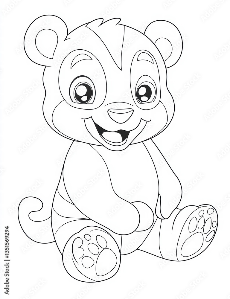 Poster outline of a smiling cub: a heartwarming line drawing of a joyful bear cub, its playful expression r