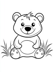 Obraz premium Cuddly Teddy Bear: A charming cartoon teddy bear sitting on a bed of grass. A simple black and white illustration brings a sense of comfort and happiness.