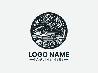 Whole Roasted Salmon Logo Design, Grilled Salmon Logo, Roasted Fish Logo