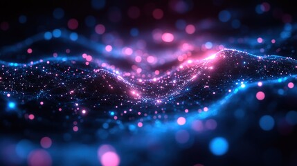 Obraz premium Abstract digital landscape of glowing particles in blue and pink, with bokeh background. Use technology, science, or futuristic presentation