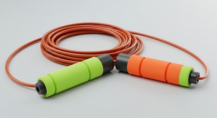 A jump rope with foam handles and a long, coiled cable, ready for cardio workouts.