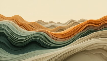 Abstract Beige Orange Green Waves Digital Art Landscape