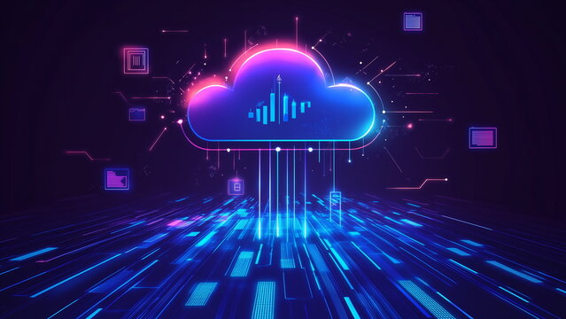 Illustration of cloud storage, where data and files and store in cloud service providing data centre, cloud computing