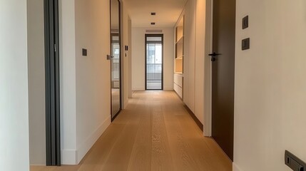 Modern hallway with light wood floors and minimalist design