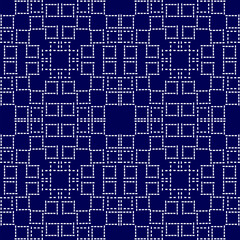 stitch Japanese Sashiko pattern embroidery abstract seamless geometric ornaments white stitch line artwork indigo blue background fashion design template decoration hand drawn printed needlework quilt