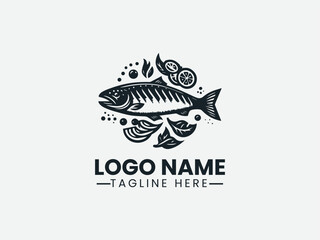 Monochrome fish silhouette with stylized fire and decorative elements. Seafood logo