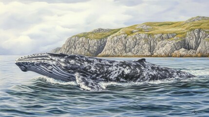 Fototapeta premium Majestic Gray Whale Breaching near Rocky Coastline
