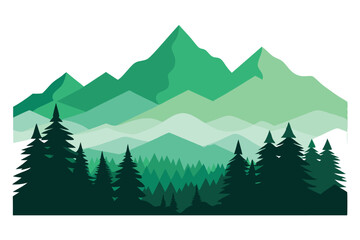 Fototapeta premium Evergreen Forest Silhouette. Minimalist Mountain Landscape with Green Pine Trees