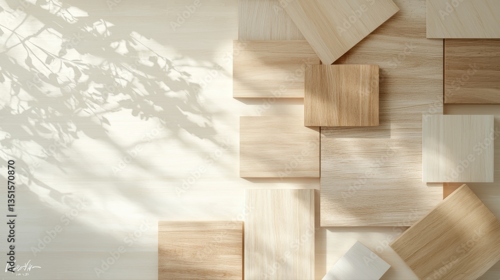 Poster natural light casting shadows on wooden tiles, creating a serene pattern and texture contrast.