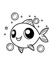 Cute Cartoon Fish Illustration:  This adorable illustration of a cartoon fish with big eyes and a happy smile swimming among bubbles is perfect for children's books, coloring pages.