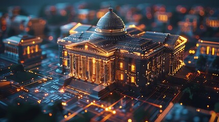 Ultra-modern AI-powered bank with biometric access and holographic financial advisors. 