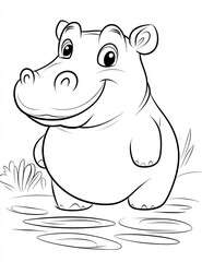 Fototapeta premium Cheerful Hippo Outline: A delightful illustration of a smiling hippo standing in water, perfect for coloring and creative projects. 