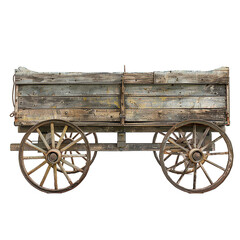 Fototapeta premium Rustic Old Wooden Farm Wagon with Spoked Wheels on White Background