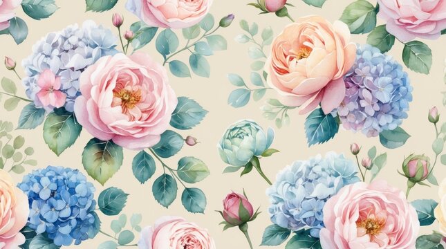 Elegant Watercolor Floral Pattern Roses Hydrangeas Wallpaper