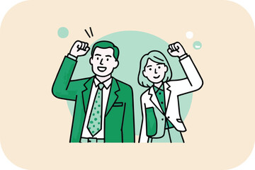 Obraz premium Team Success: Illustrative graphic of a business pair celebrating a milestone with raised fists. This visual communicates success, unity, and the joy of achieving goals.