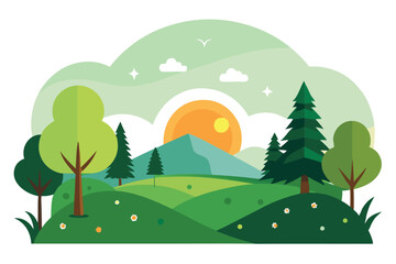 Obraz premium Flat Design Landscape with Trees, Mountains, Sky, Sun, and Flowers in Green Shades