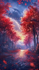 Autumn Forest Path with Red Japanese Maple Trees and Falling Leaves at Sunset, Romantic Pathway Through Magical Fall Woodland Wallpaper