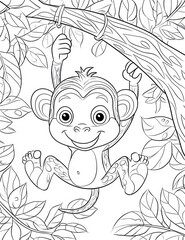 Fototapeta premium Playful Monkey in a Canopy: A charming illustration of a playful monkey, depicted in a line art style, hanging from a tree branch amidst lush foliage.