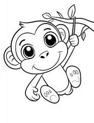 Obraz premium Playful Monkey: A charming monochrome illustration of a friendly monkey swinging from a branch, conveying fun and innocence.