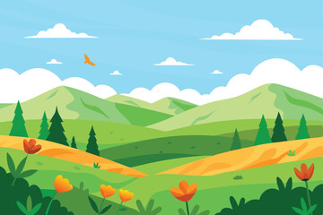Flat Landscape with Rolling Green Hills, Coniferous Trees, Orange Flowers, Bird, & Blue Sky