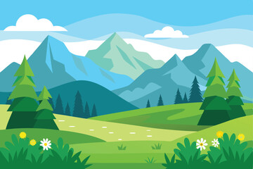 Flat Mountains Landscape, Trees, Flowers, Sky and Clouds, Nature Scenery Design