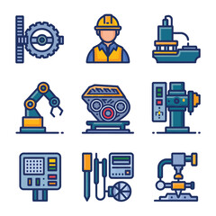 2d vector illustration colorful machine , worker and Industry and its development technology, factories and production lines icon
