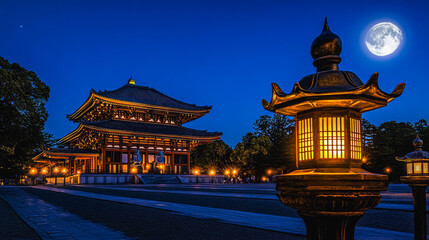 Obraz premium Majestic night view of a serene buddhist temple under full moon