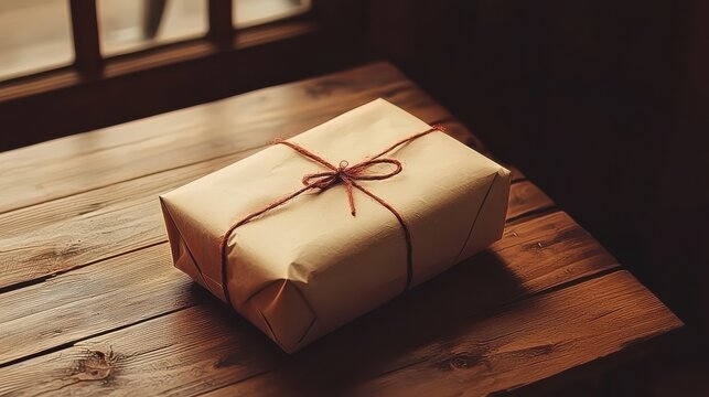 A rustic gift, package, and present wrapped in brown paper, tied with a ribbon, resting on wood.