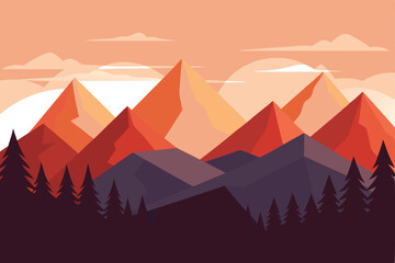 Geometric Mountain Range, Forest Trees, Sky, Orange Color Palette, Minimalist Style