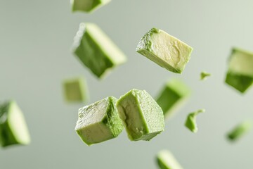 Sliced avocado pieces seemingly floating in a minimalist composition