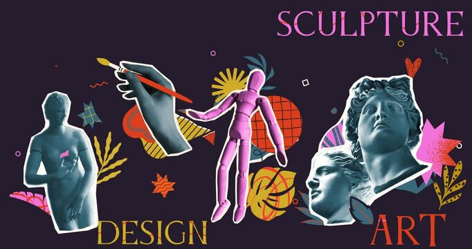 Halftone abstract art. Moving banner with classical antique sculptures, statues and painting for design exhibition. Design element for contemporary art festival. Realistic flat animated graphics