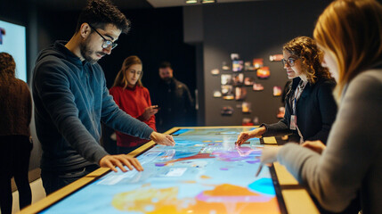 Engaged individuals interacting with a large touchscreen display in a modern exhibition space