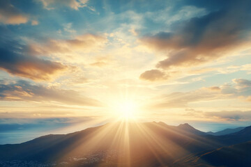 Fototapeta premium Sunrise illuminating a vibrant cityscape with dramatic clouds and mountains in the background