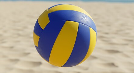 A volleyball with blue and yellow stripes, placed slightly tilted.